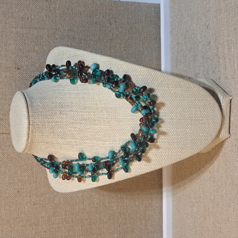 Western Boho Chunky Brown Blue Glass Beaded Statement Multi Strand Necklace
